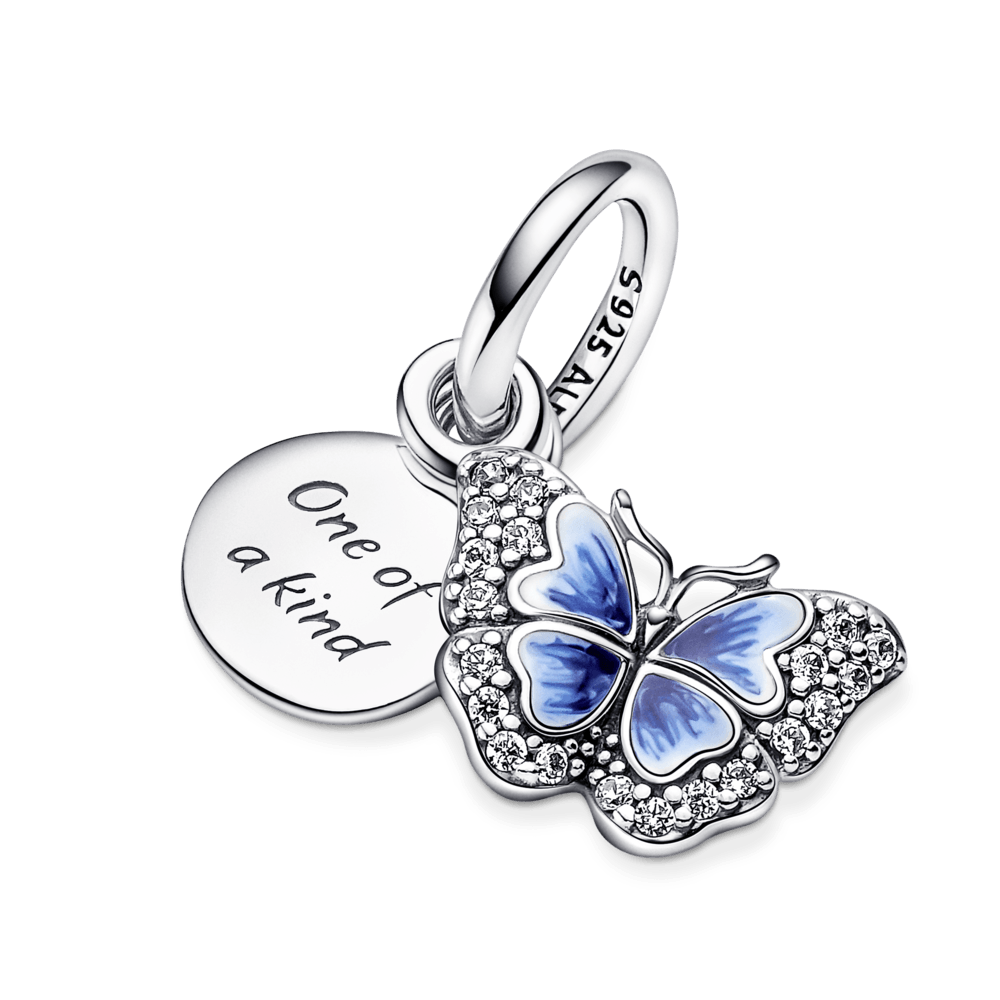 Blue double pendant with butterfly and quote