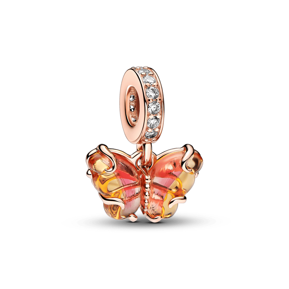 Rosa und gelber Muranoglas-Anhänger „Schmetterling“