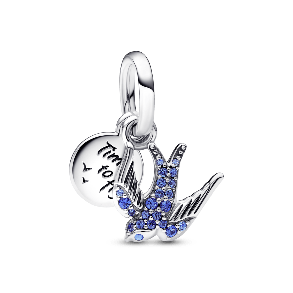Sparkling double charm pendant with swallow and quote
