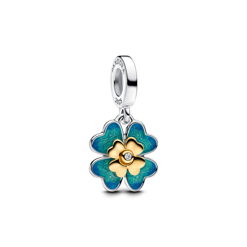 Spinning synthetic diamond four leaf clover pendant