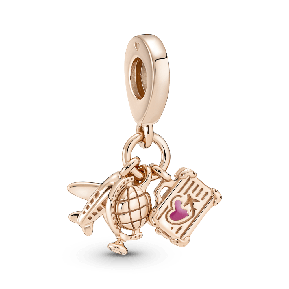 Triple pendant amulet airplane, globe and suitcase