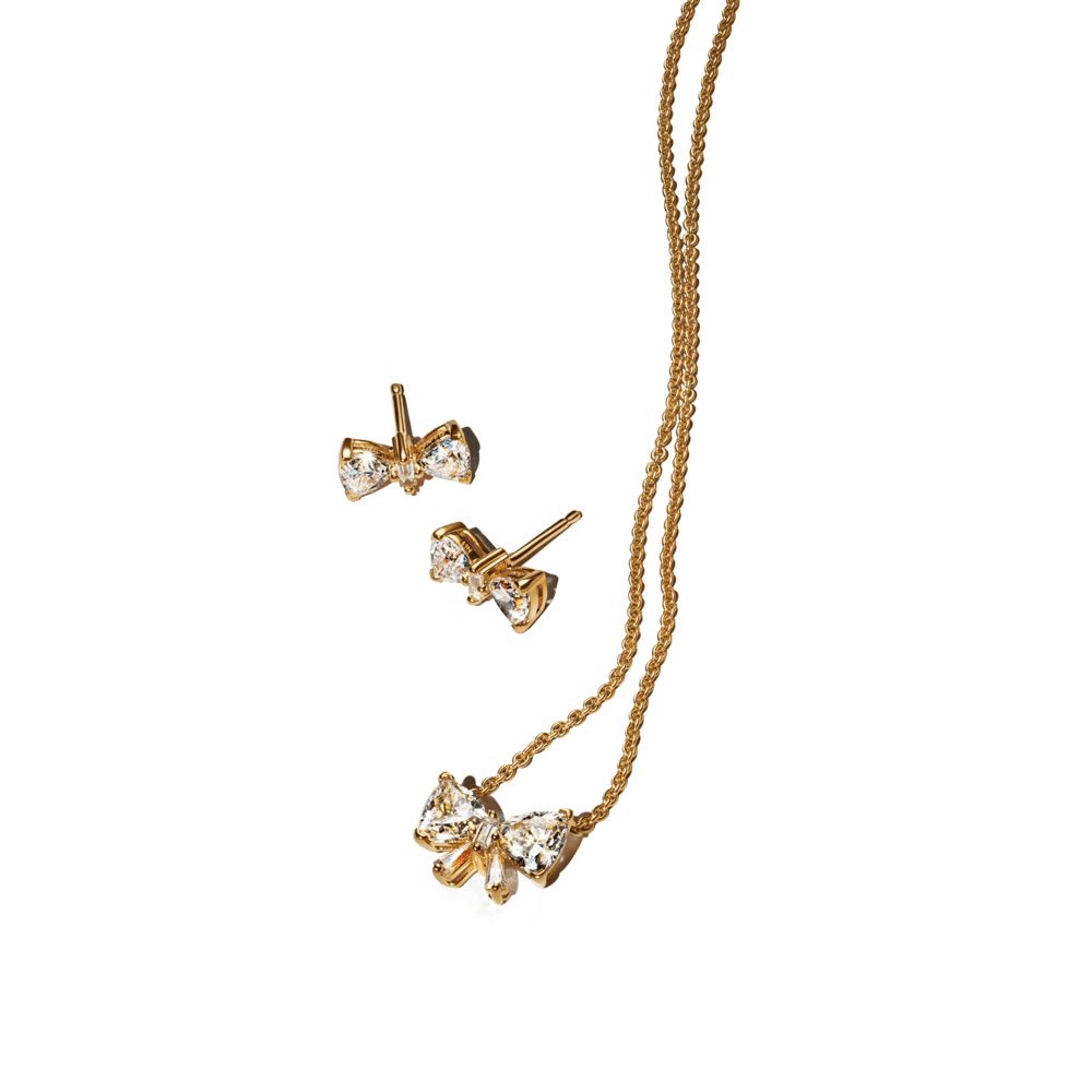 Gold plated sparkling ribbon necklace and earrings gift set