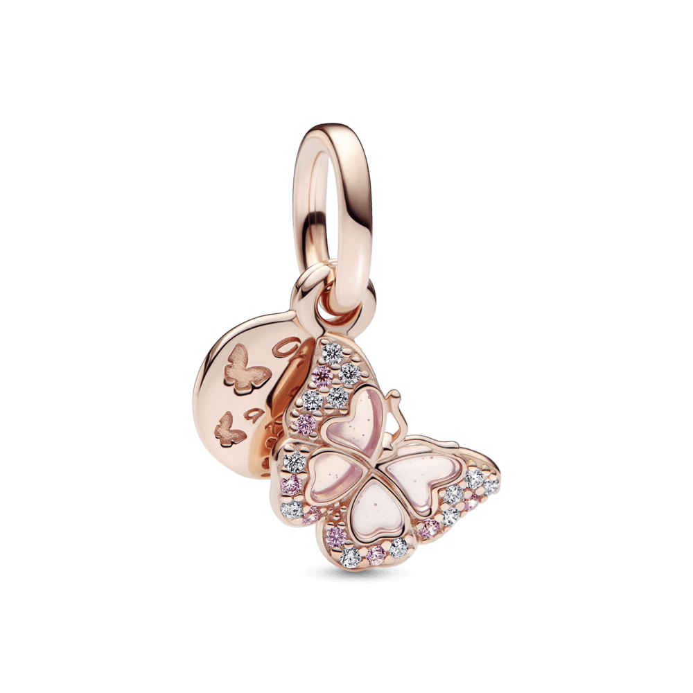 Pendentif double breloque avec papillon rose et citation